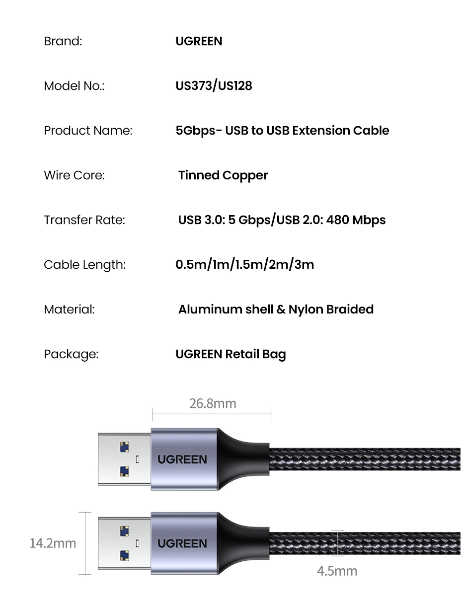 Ugreen USB to USB Extension Cable USB 2.0 3.0 Cable Male to Male USB Extender For Hard Disk Xiaomi TV Box USB Extension Cord