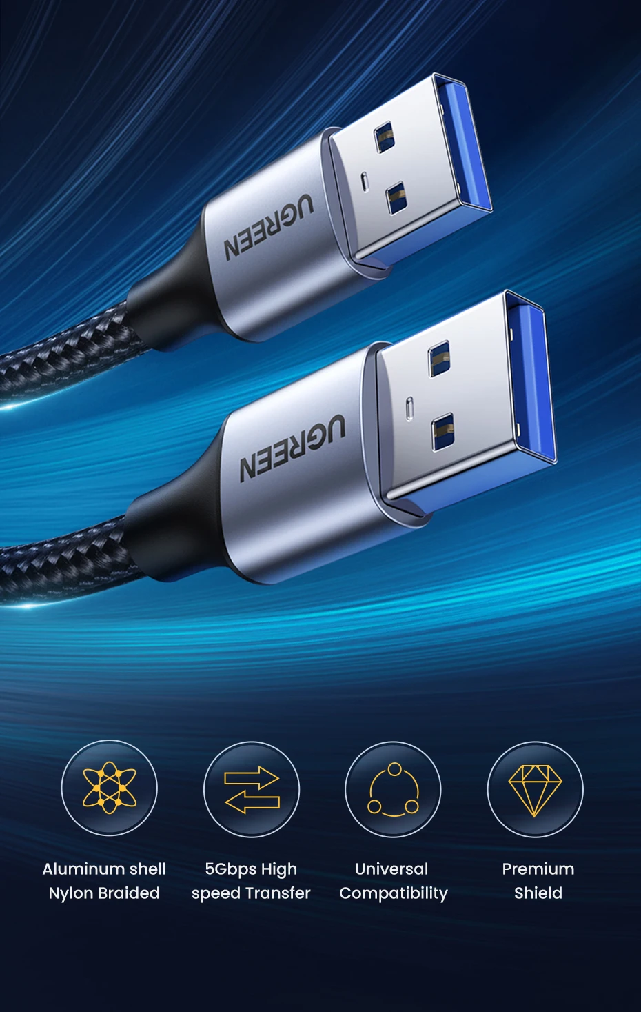 Ugreen USB to USB Extension Cable USB 2.0 3.0 Cable Male to Male USB Extender For Hard Disk Xiaomi TV Box USB Extension Cord