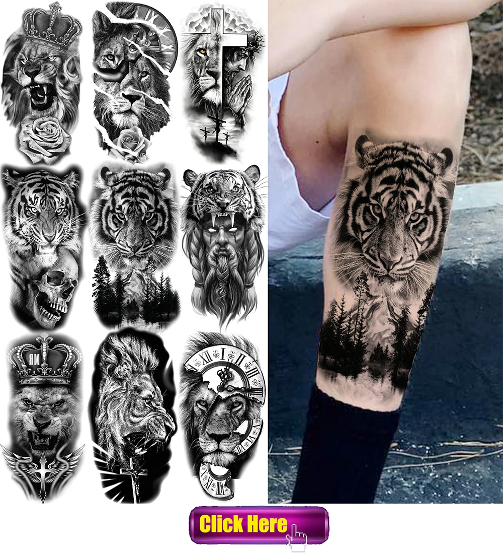 Watercolor Lion Tiger Temporary Tattoo For Women Men Atult Kid Realistic Fake Animal Tattoo Sticker Water Transfer Tatoos Thigh