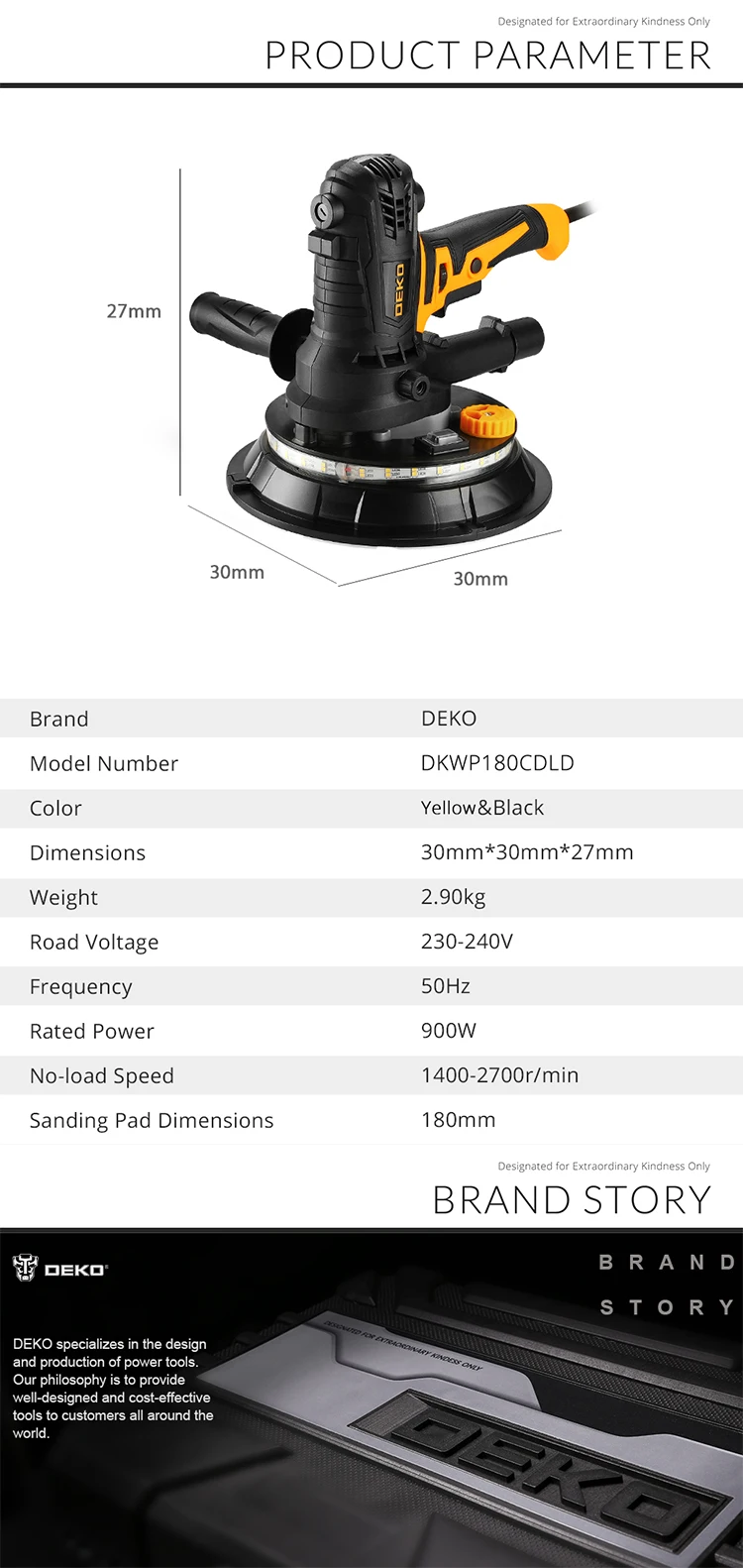 DEKO DKWP180CDLD/DKWP180CD 900W Drywall Sander Grinding Portable Polishing Machine with Sandpaper LED Light and Dust Clooect Bag