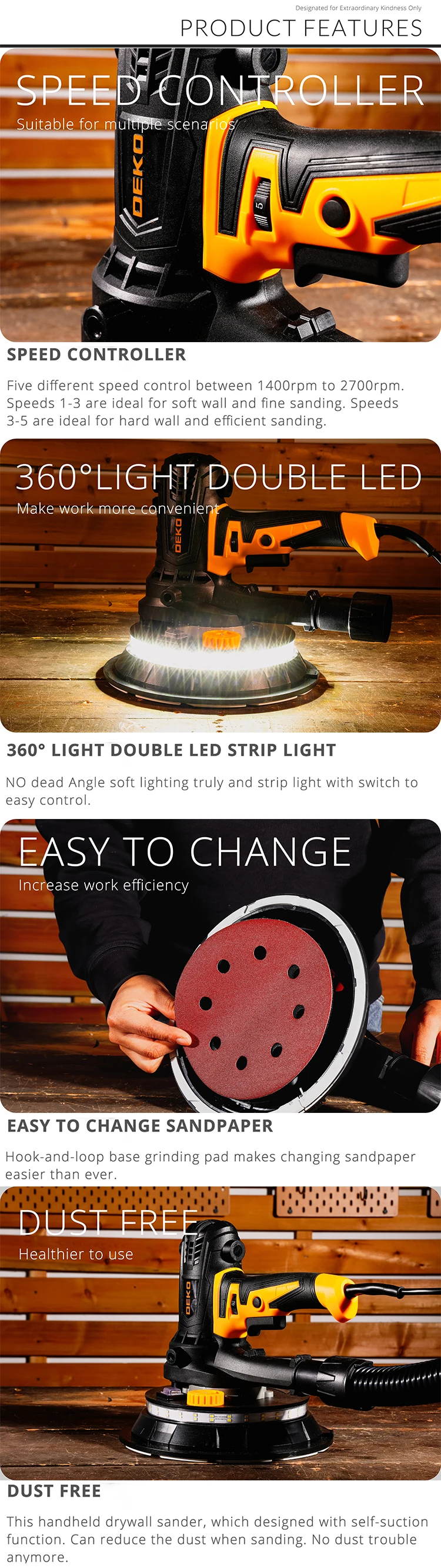 DEKO DKWP180CDLD/DKWP180CD 900W Drywall Sander Grinding Portable Polishing Machine with Sandpaper LED Light and Dust Clooect Bag
