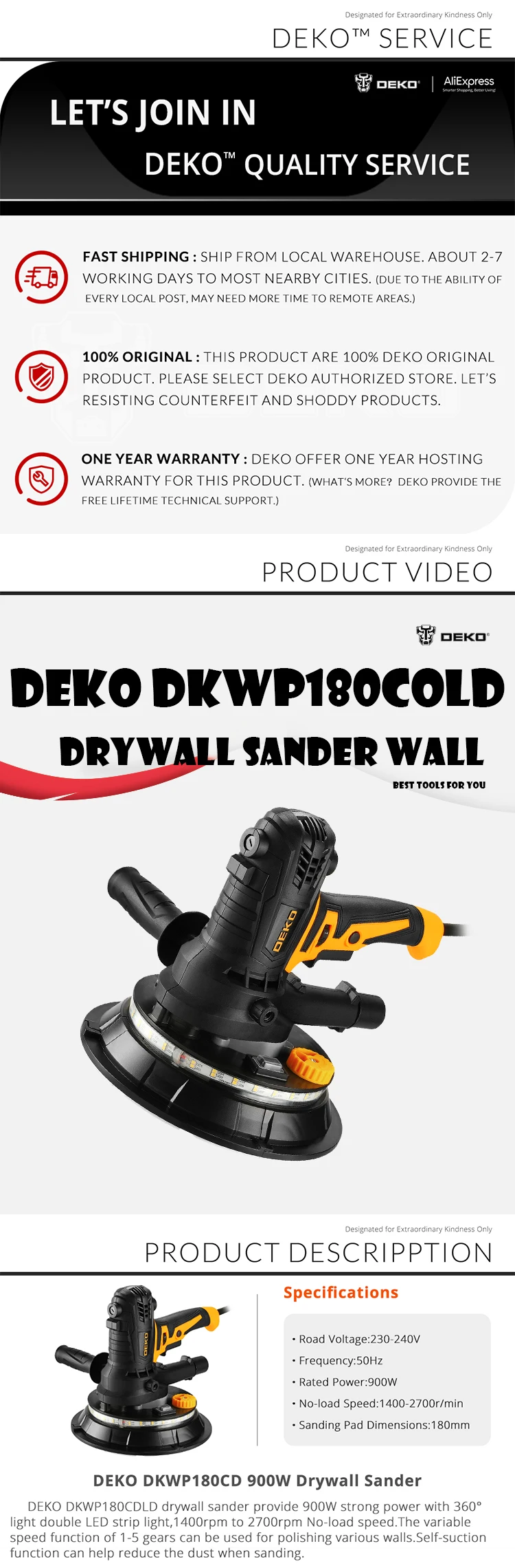 DEKO DKWP180CDLD/DKWP180CD 900W Drywall Sander Grinding Portable Polishing Machine with Sandpaper LED Light and Dust Clooect Bag