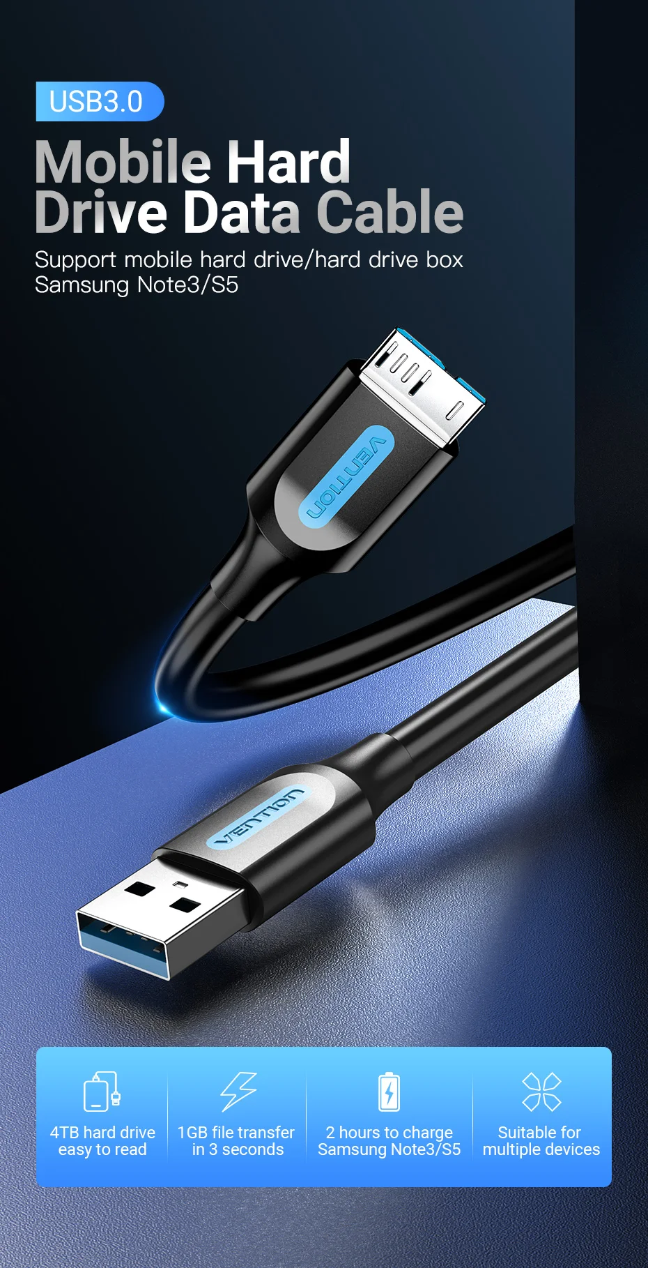 Vention Micro USB 3.0 Cable 3A Fast Charger Data Cord Mobile Phone Cables for Samsung Note 3 S5 Toshiba Sony USB Micro B Cable