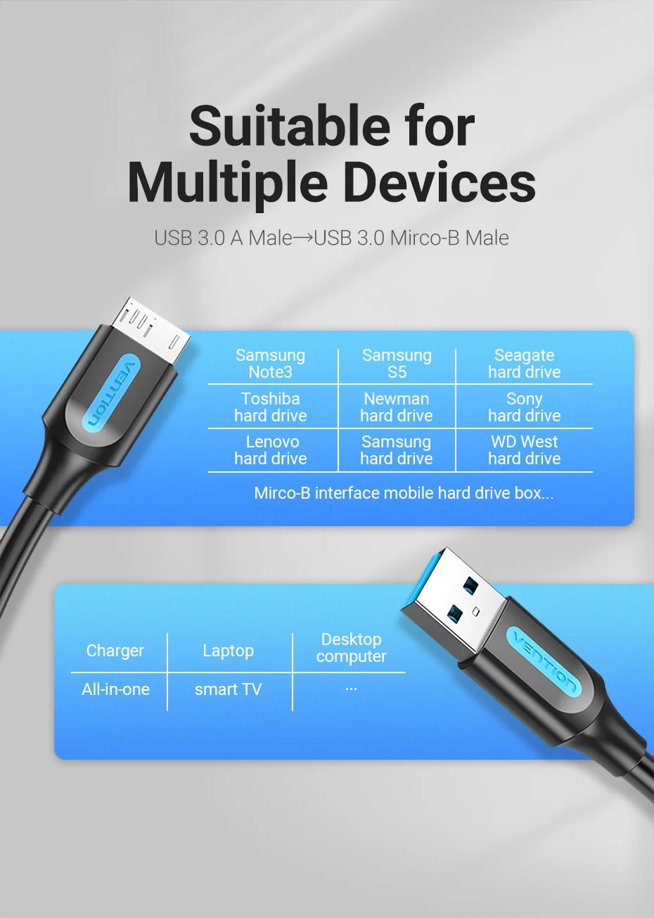 Vention Micro USB 3.0 Cable 3A Fast Charger Data Cord Mobile Phone Cables for Samsung Note 3 S5 Toshiba Sony USB Micro B Cable