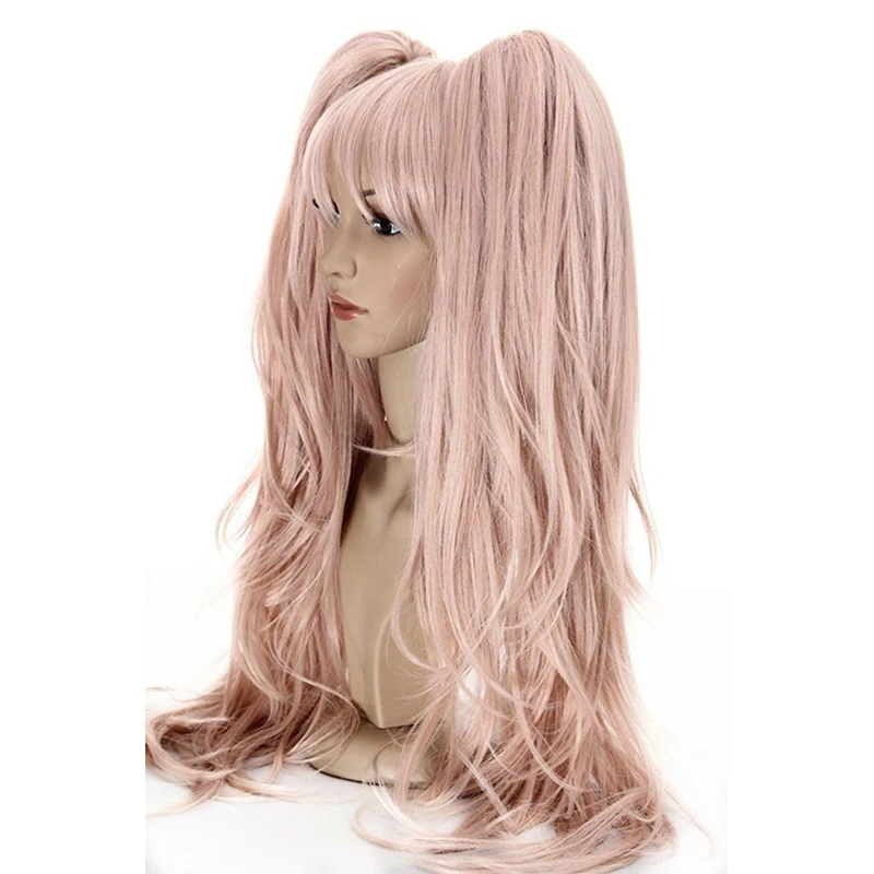 Dangan Ronpa Danganronpa Enoshima Junko Cosplay Wig Pink Long Wavy with Ponytail Clip Heat Resistant Wigs+ Bear Hairpins