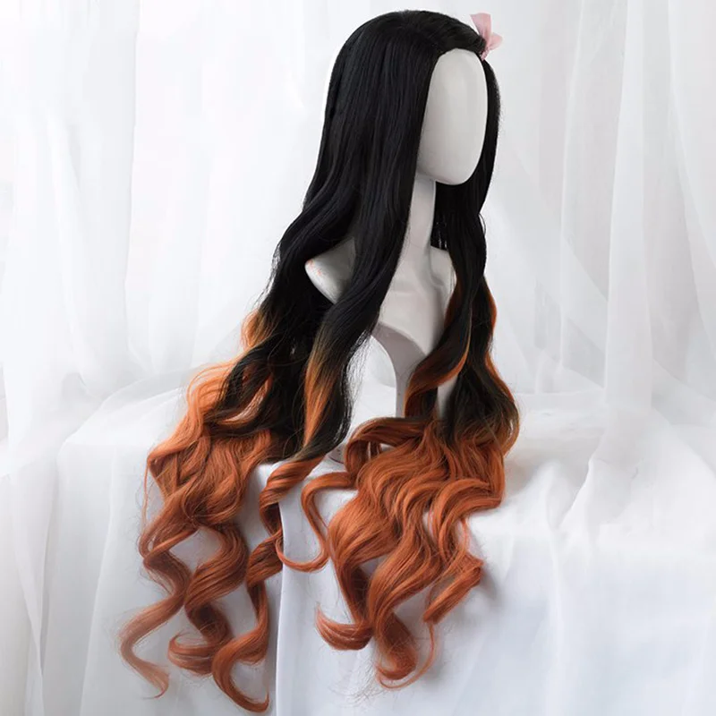 Kamado Nezuko Wig Nezuko Cosplay 95cm Gradient Long Hair Accessories Heat Resistant Synthetic Wig