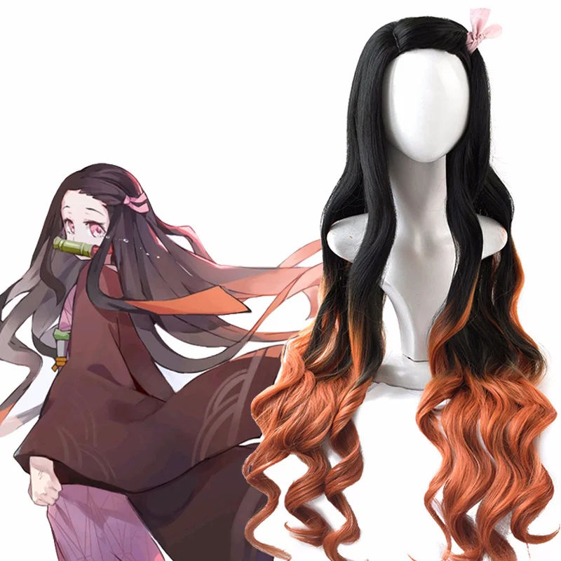 Kamado Nezuko Wig Nezuko Cosplay 95cm Gradient Long Hair Accessories Heat Resistant Synthetic Wig