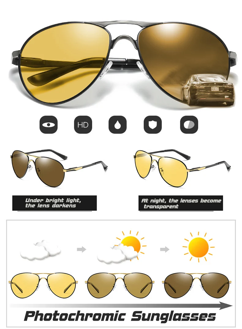New Trend Intelligent Aviation Photochromic Sunglasses Polarized Men Day Night Vision Driving Sun Glasses Male gafas de sol