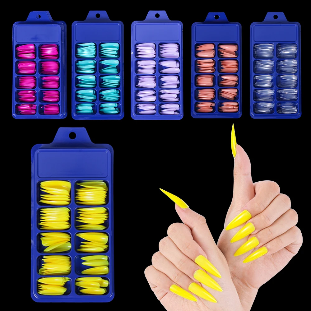 100PCS/Box False Nail Tips Fake Nails Art DIY Long Stiletto Acrylic Manicure DIY Tools Full Style 20 Colors Hot Sale Beauty Tool