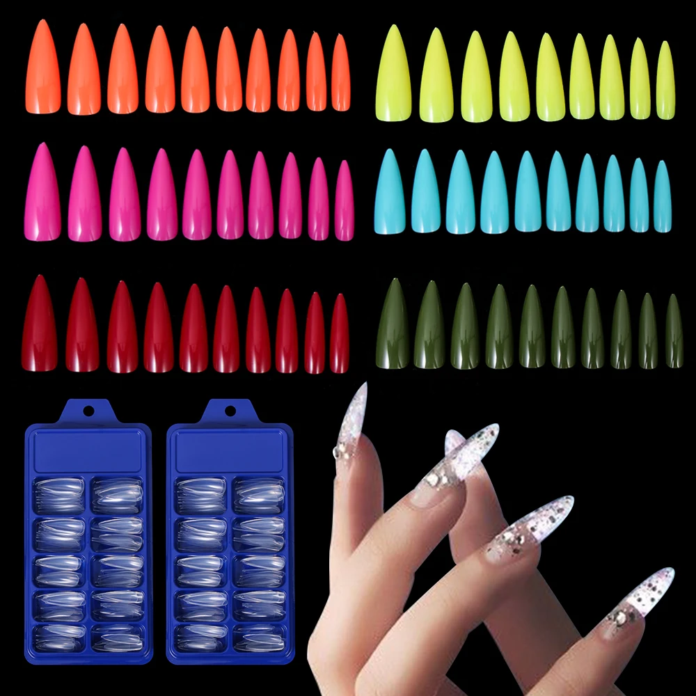 100PCS/Box False Nail Tips Fake Nails Art DIY Long Stiletto Acrylic Manicure DIY Tools Full Style 20 Colors Hot Sale Beauty Tool