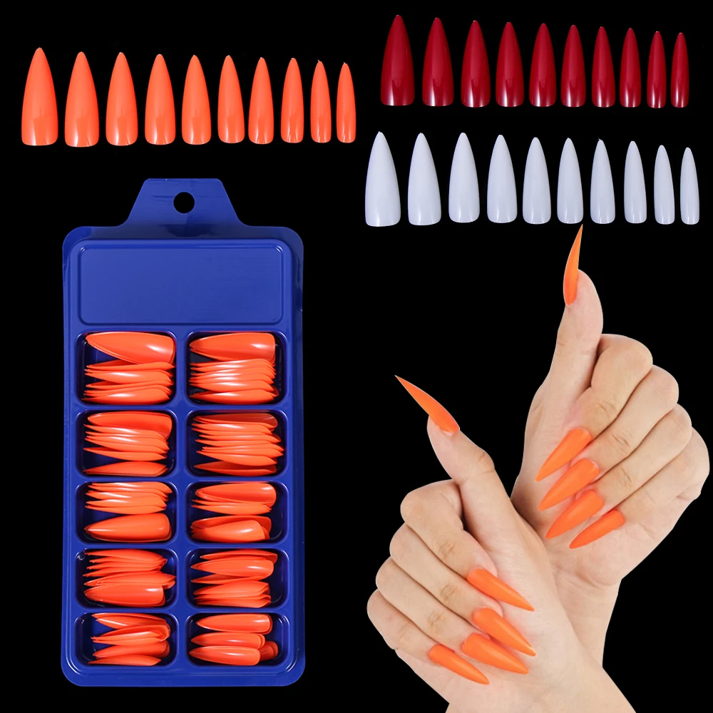 100PCS/Box False Nail Tips Fake Nails Art DIY Long Stiletto Acrylic Manicure DIY Tools Full Style 20 Colors Hot Sale Beauty Tool