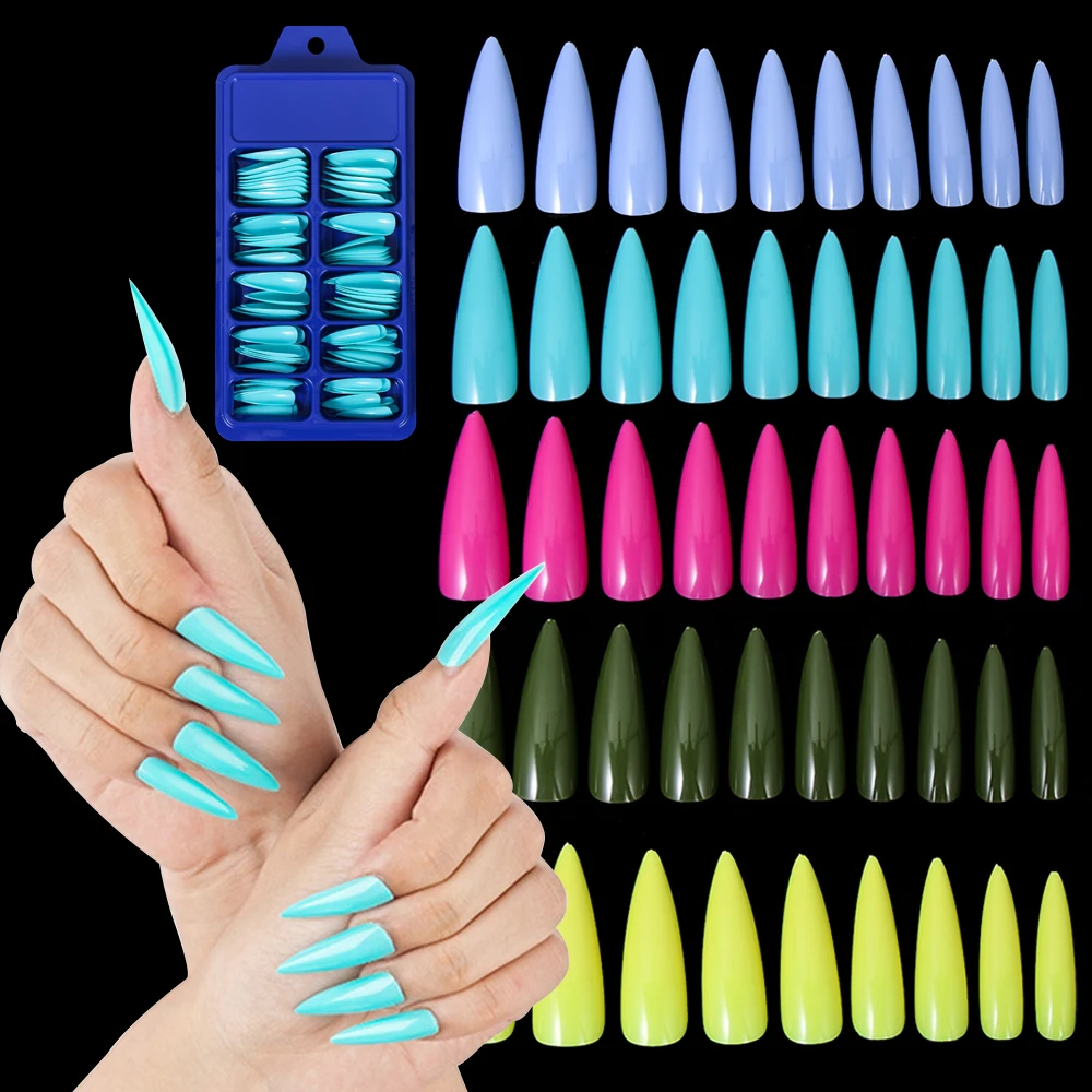 100PCS/Box False Nail Tips Fake Nails Art DIY Long Stiletto Acrylic Manicure DIY Tools Full Style 20 Colors Hot Sale Beauty Tool