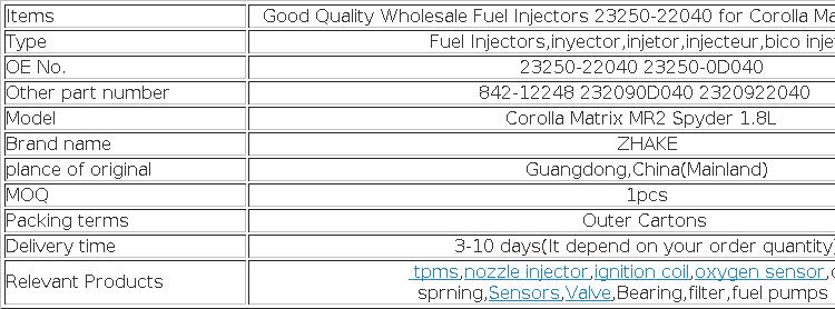 Wholesale Inyectores Bico Injetor Fuel Injector Nozzle 23250-22040 23250-0D040 For Corolla Matrix MR2 1.8L Cng Injectors