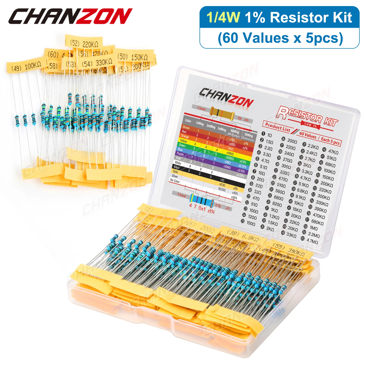 60 Values 1/4W Metal Film Resistors Kit 300Pcs/Pack 1 10 220 330 470 1K 4.7K 10K Ohm 1% High Precision Resistance Set Assortment