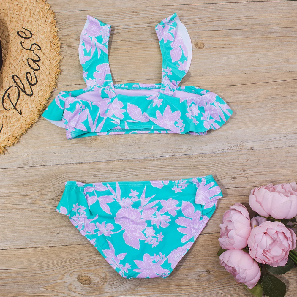 Falbala Print Kids Girls Split Swimsuit Swimwear Children Bikini Set 2026 Summer Beach Outdoor Baby Two Piece Beachwear