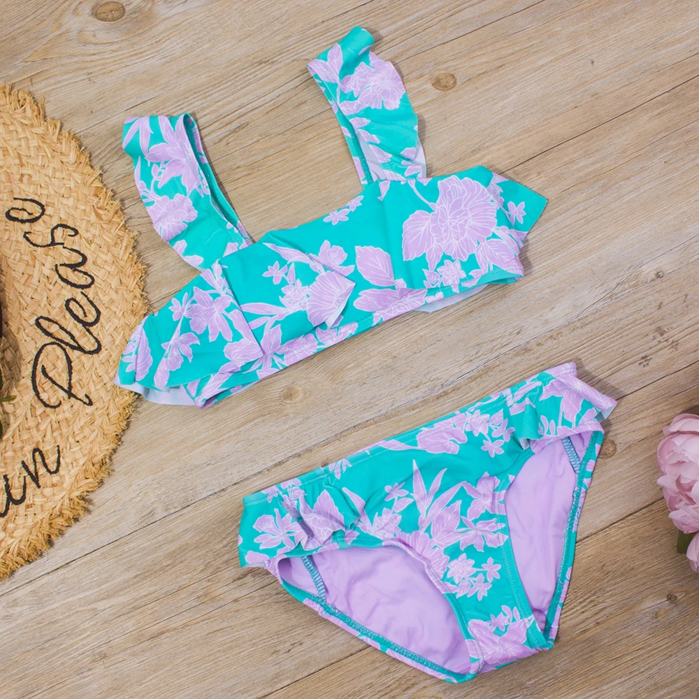 Falbala Print Kids Girls Split Swimsuit Swimwear Children Bikini Set 2026 Summer Beach Outdoor Baby Two Piece Beachwear
