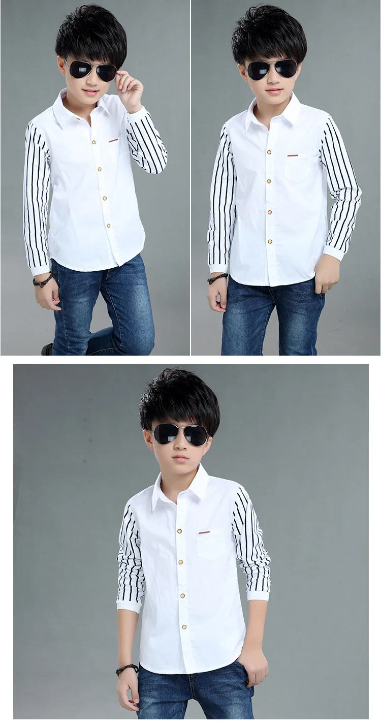 Boys Blouses And Shirts Children's Stripe Top 2024 Spring Autumn Casual White Polo Shirts Teenager School Brand Outerwear Cotton