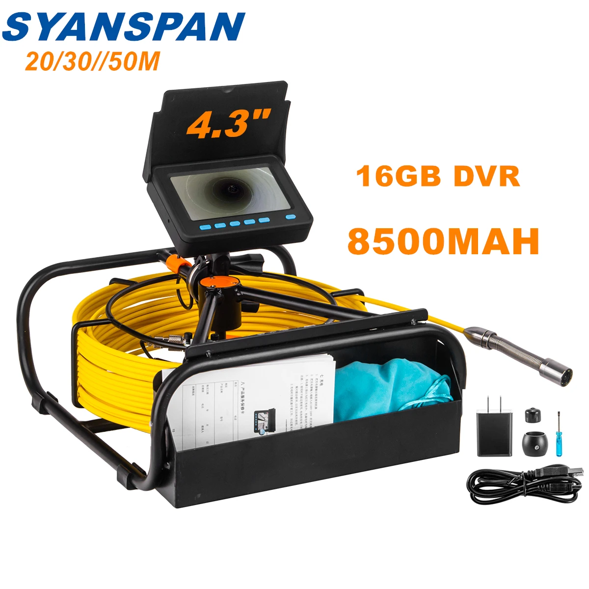 Sewer Pipe Inspection Camera DVR 16GB Video Recording,SYANSPAN Drain Industrial Endoscope Waterproof 8500MHA Battery 20/30/50M
