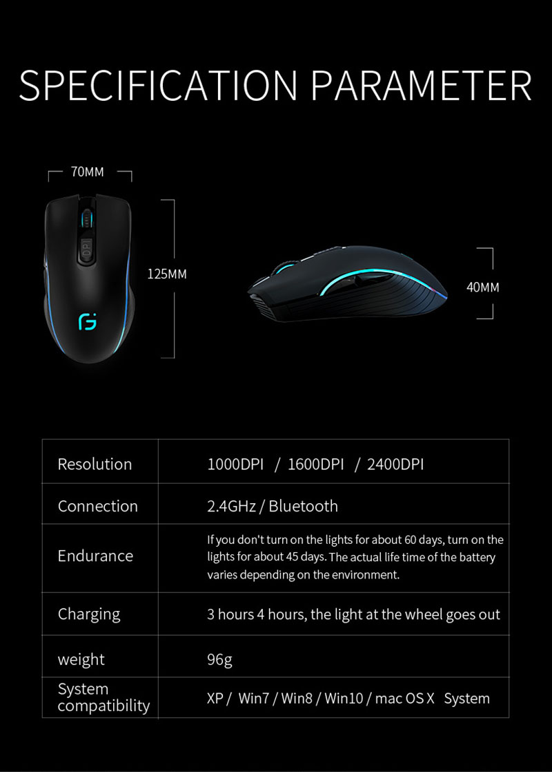 Rechargeable Computer Mouse Dual Mode Bluetooth+2.4Ghz Wireless USB Mouse 2400DPI Optical Gaming Mouse Gamer Mice for PC Laptop