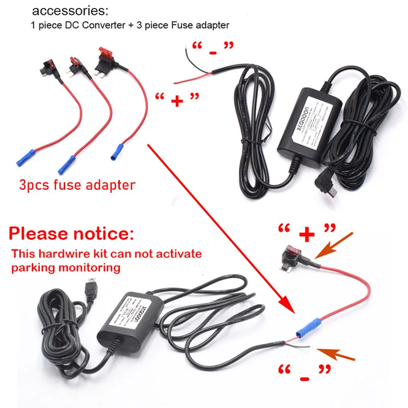5V 2A Dash Cam Car Camcorder Vehicle DVR Hardwire Kit Cord Cable Power Cable With Mini Micro Type-C USB 3.1Meters Auto Charging