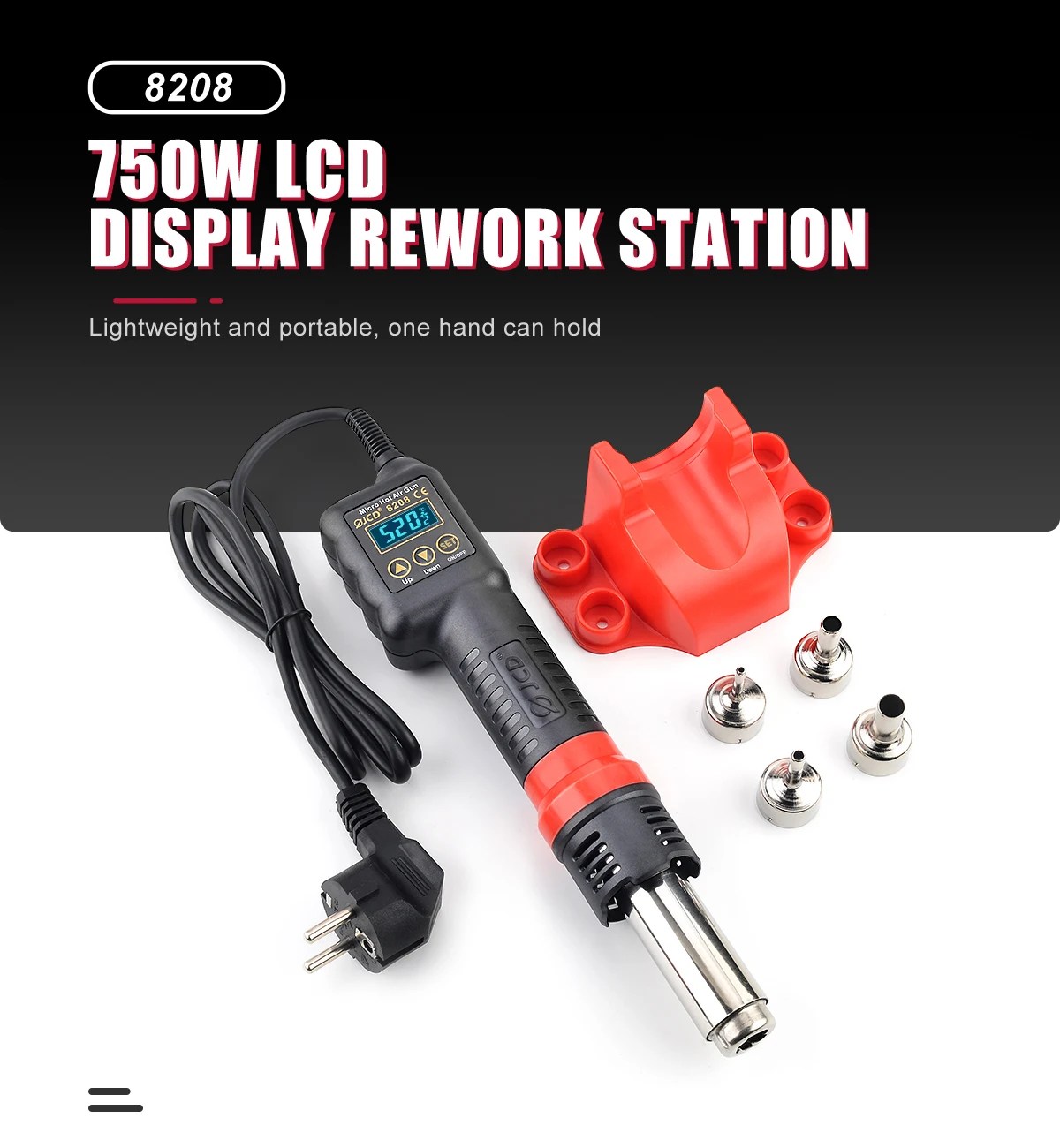 JCD 750W Micro Hot Air Gun 8208 Portable LCD Display Rework Station Heat Gun Hair Dryer Temperature Adjustable BGA Welding Tools