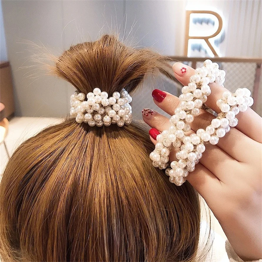 Woman Elegant Pearl Hair Ties Beads Girls Bow Scrunchies Rubber Hairbands Ponytail Holders Hair Accessories Elastic Hair Bands