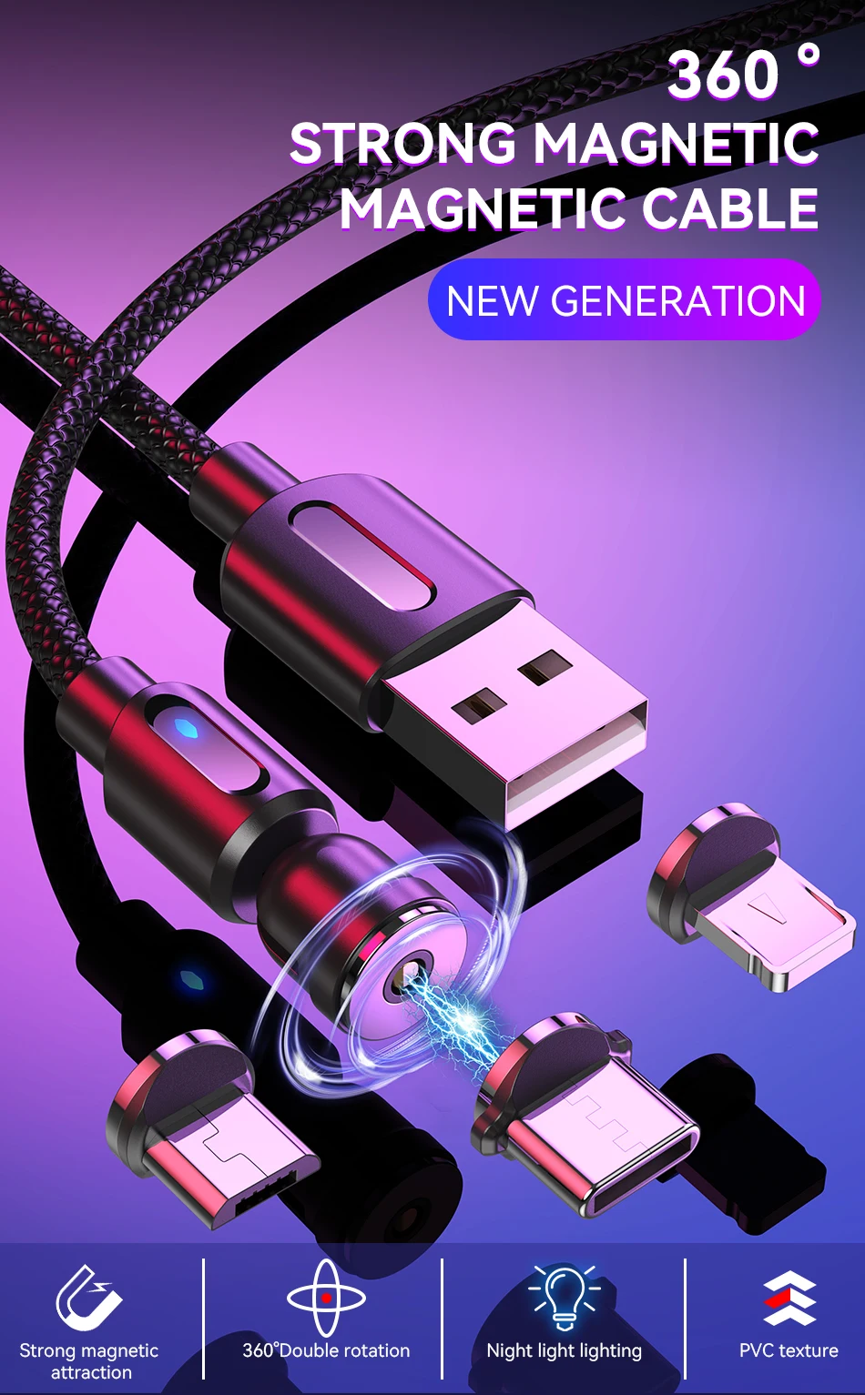 Lovebay Magnetic Cable Type C Cable 2.4A USB 540 Rotate Micro Fast Charger 0.5M /1M/2M Charging Cable For Samsung Xiaomi