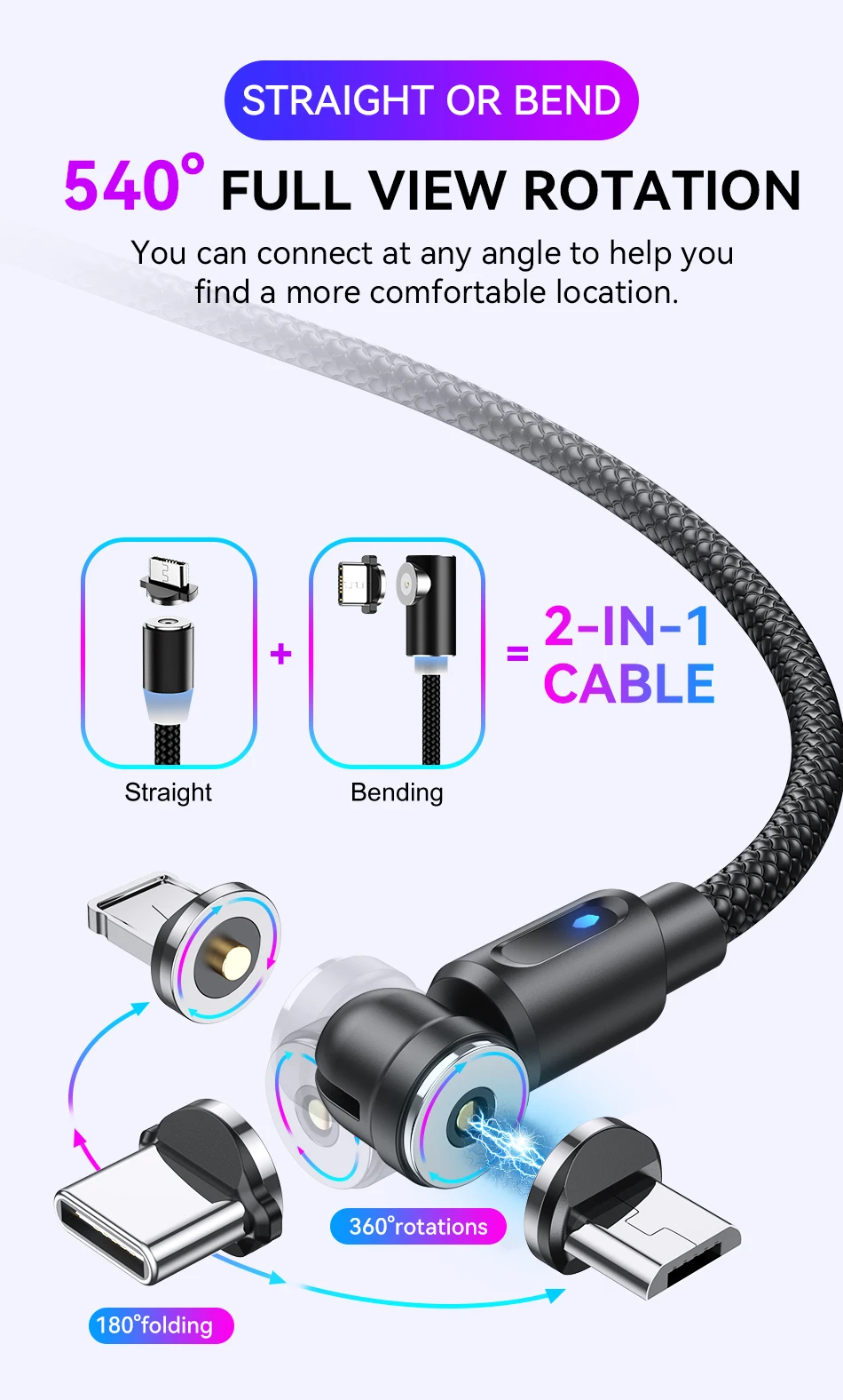 Lovebay Magnetic Cable Type C Cable 2.4A USB 540 Rotate Micro Fast Charger 0.5M /1M/2M Charging Cable For Samsung Xiaomi