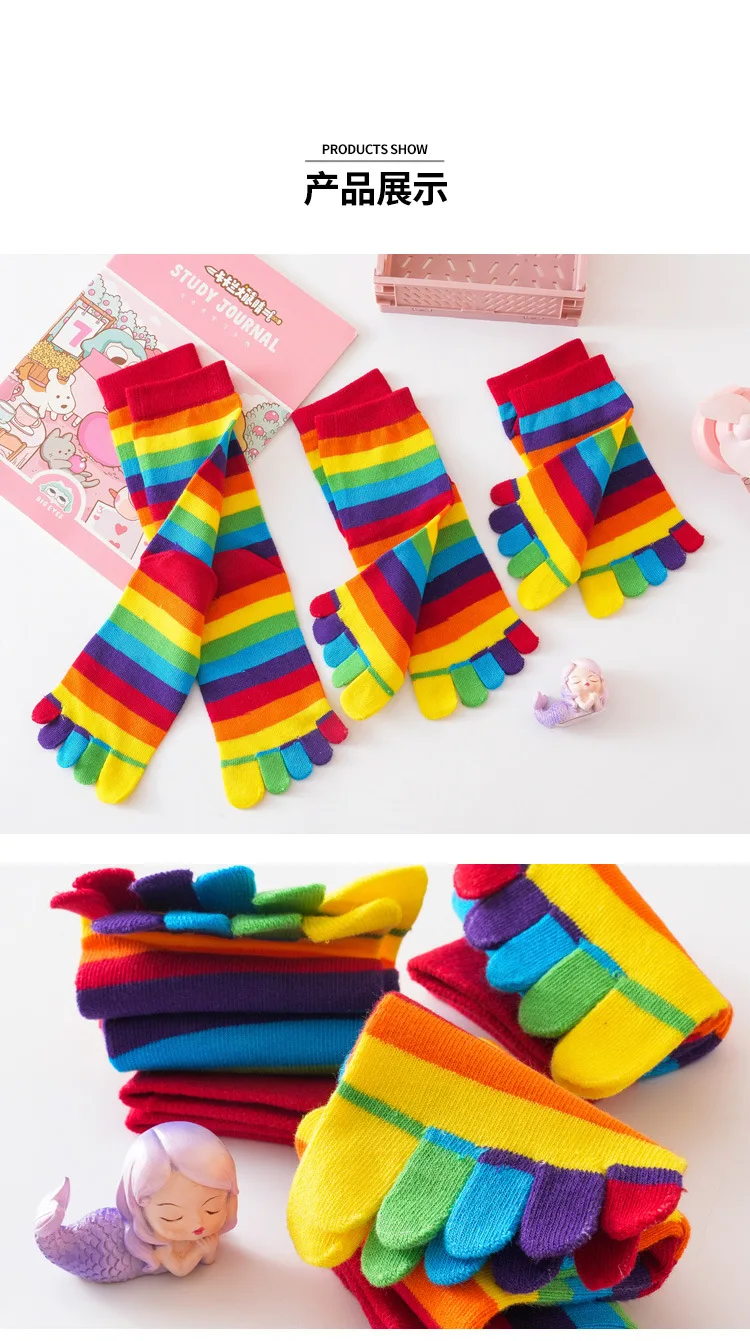 Split Toe Rainbow Socks Woman Lady Girls Colorful Striped 5 Finger Socks Cotton Bright Color Young Fashion Happy Socks with Toes