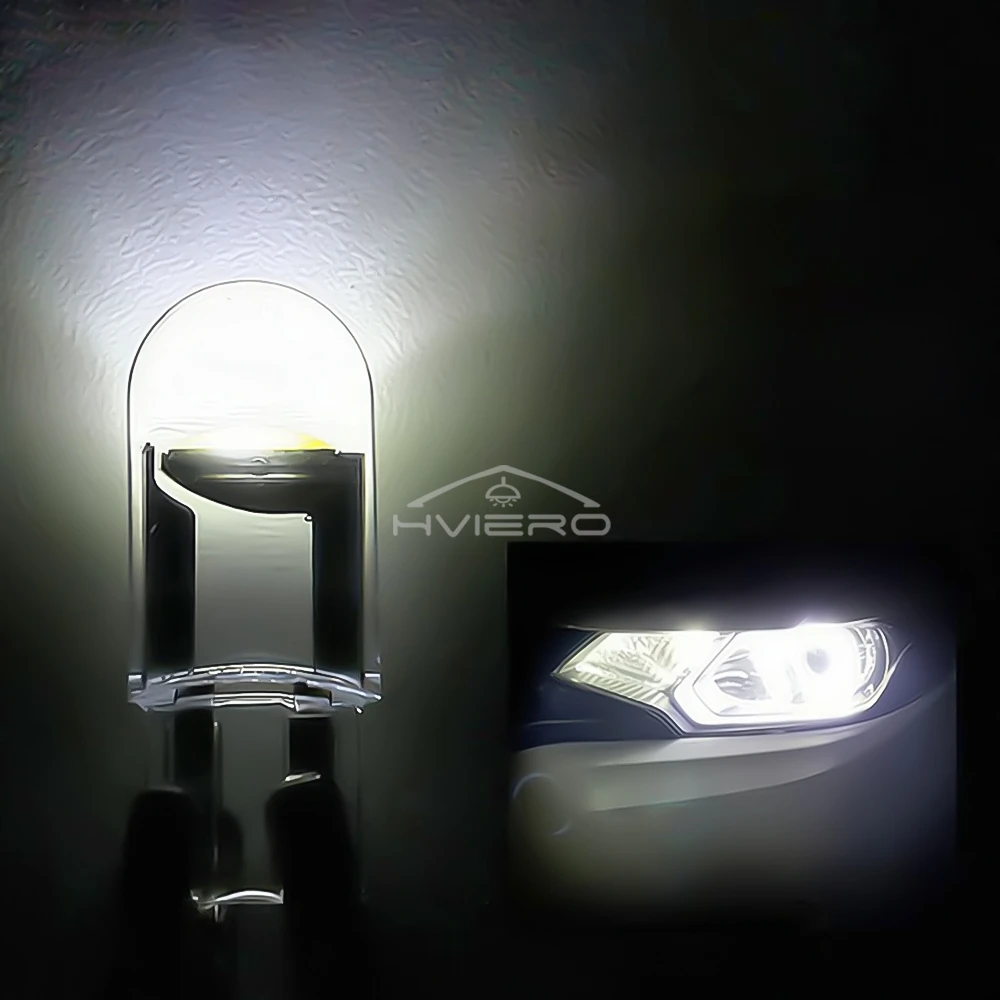 10Pcs Glass Cob LED Car Bulbs W5W 194 T10 Wedge License Plate Lamp Dome Light White Auto Interior Reading Running Parking Backup