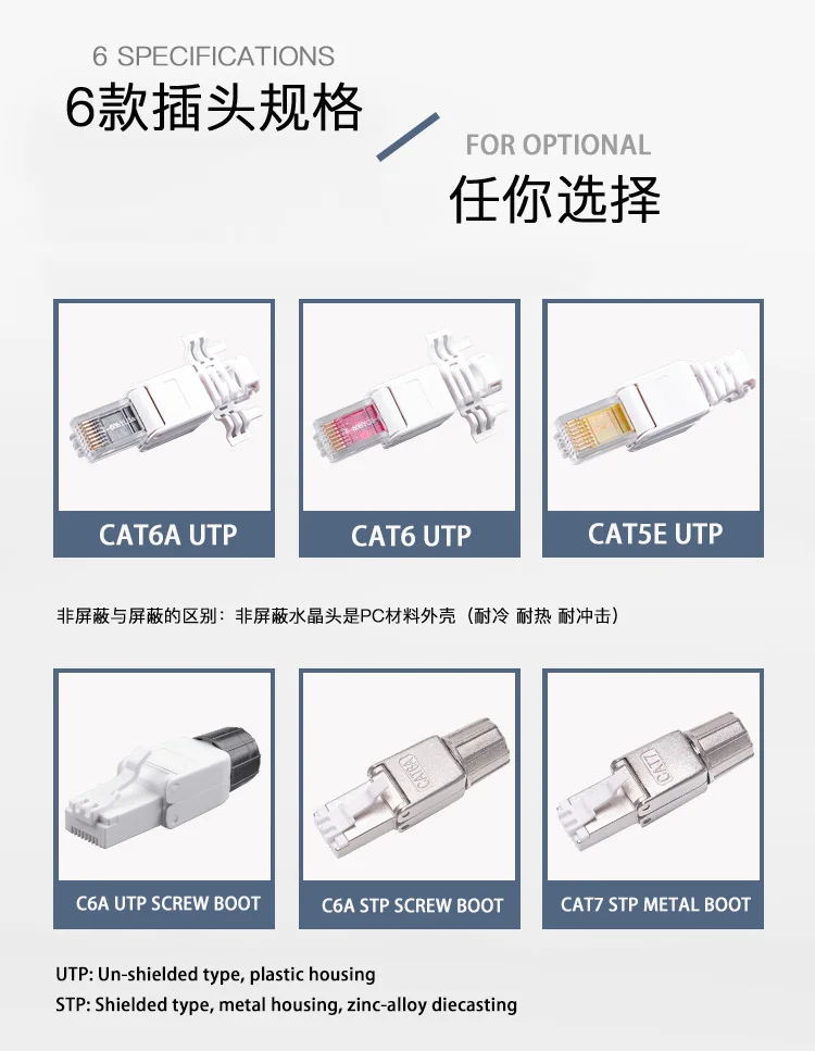 RJ45 8P8C Cat 6A Cat7 Field Connector Full Shielded Termination Plug Toolless Modular Plug for 23AWG Solid Installation Cables