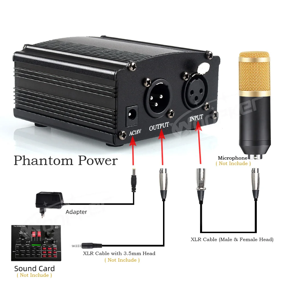Woopker 48V Phantom Power Supply with XLR Cable for Condenser Microphone BM 800 858 Audio Recording Karaoke Sound Equipment
