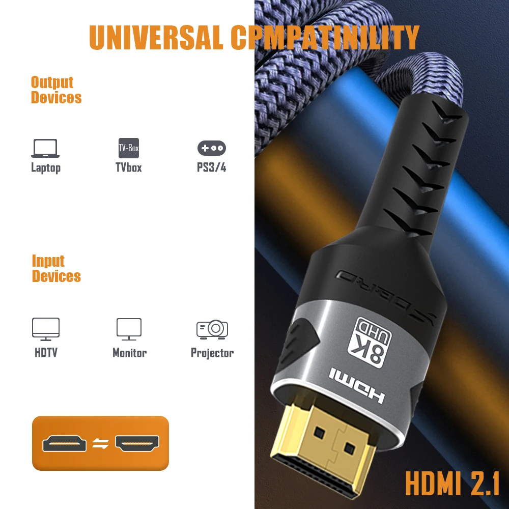 FDBRO 8K HDMI 2.1 Cable 4K@120Hz 8K@60Hz HDMI2.1 48Gbps Adapter for RTX 3080 EARC HDR10+ Video Cable PC Laptop TV Box PS5