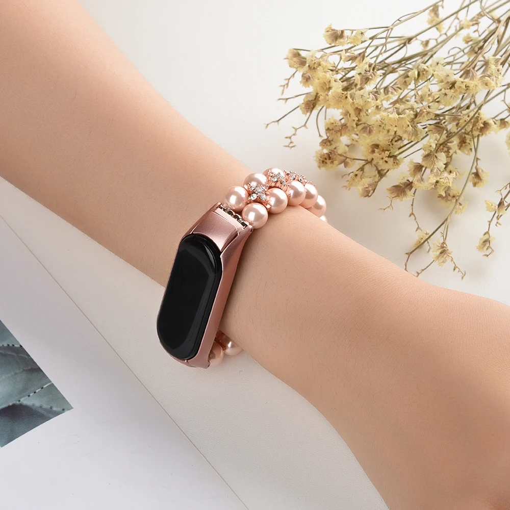 Girl Bracelet for Xiaomi Mi Band 10 8 6 7 5 Bands Wristband Elastic Strap for Mi Band 5 Jewelry Pearl Dressy Band Bling