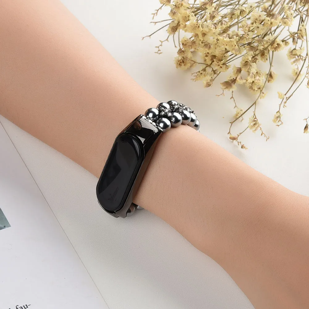Girl Bracelet for Xiaomi Mi Band 10 8 6 7 5 Bands Wristband Elastic Strap for Mi Band 5 Jewelry Pearl Dressy Band Bling