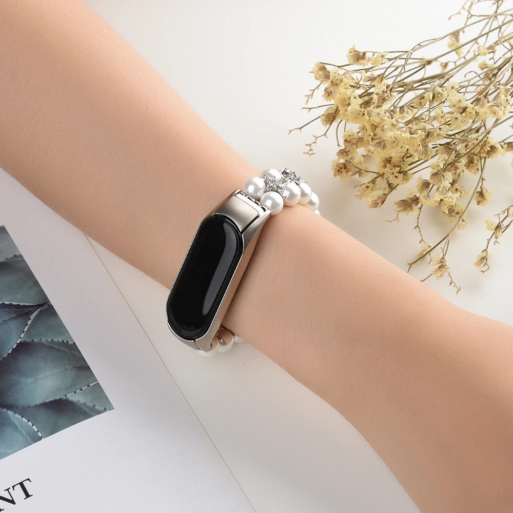 Girl Bracelet for Xiaomi Mi Band 10 8 6 7 5 Bands Wristband Elastic Strap for Mi Band 5 Jewelry Pearl Dressy Band Bling
