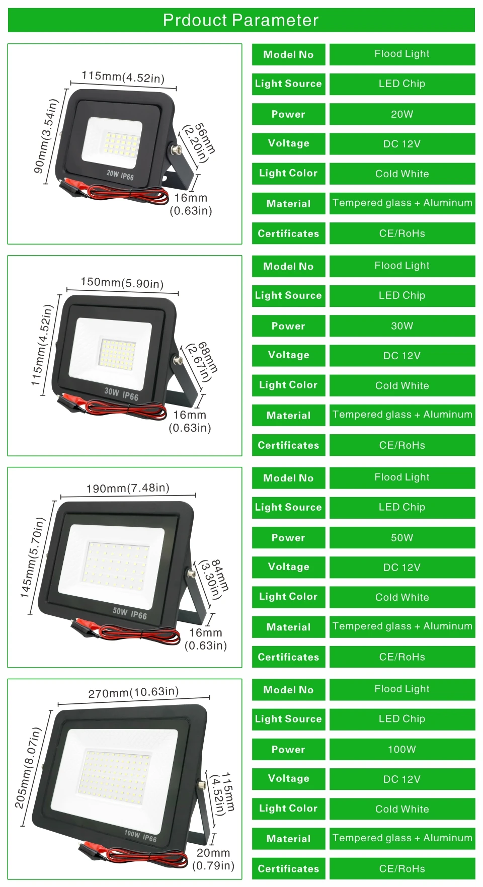 20W 30W 50W 100W DC12V Led Flood Light Outdoor Floodlight Spotlight IP66 Waterproof Light Reflector Portable 12 Volt Led Lights