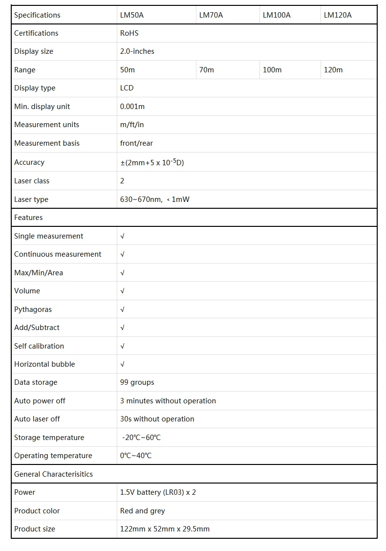 UNI-T Laser Rangefinder LM50A LM70A LM100A LM120A Laser Distance Meter Digital Range Finder Tape Measure