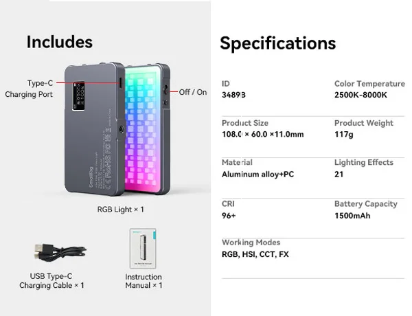 SmallRig P96L RGB Video Light Portable Metal LED Camera Light, 2500-9000K CRI 96+ Photo and Video Lighting for Sony -3489B