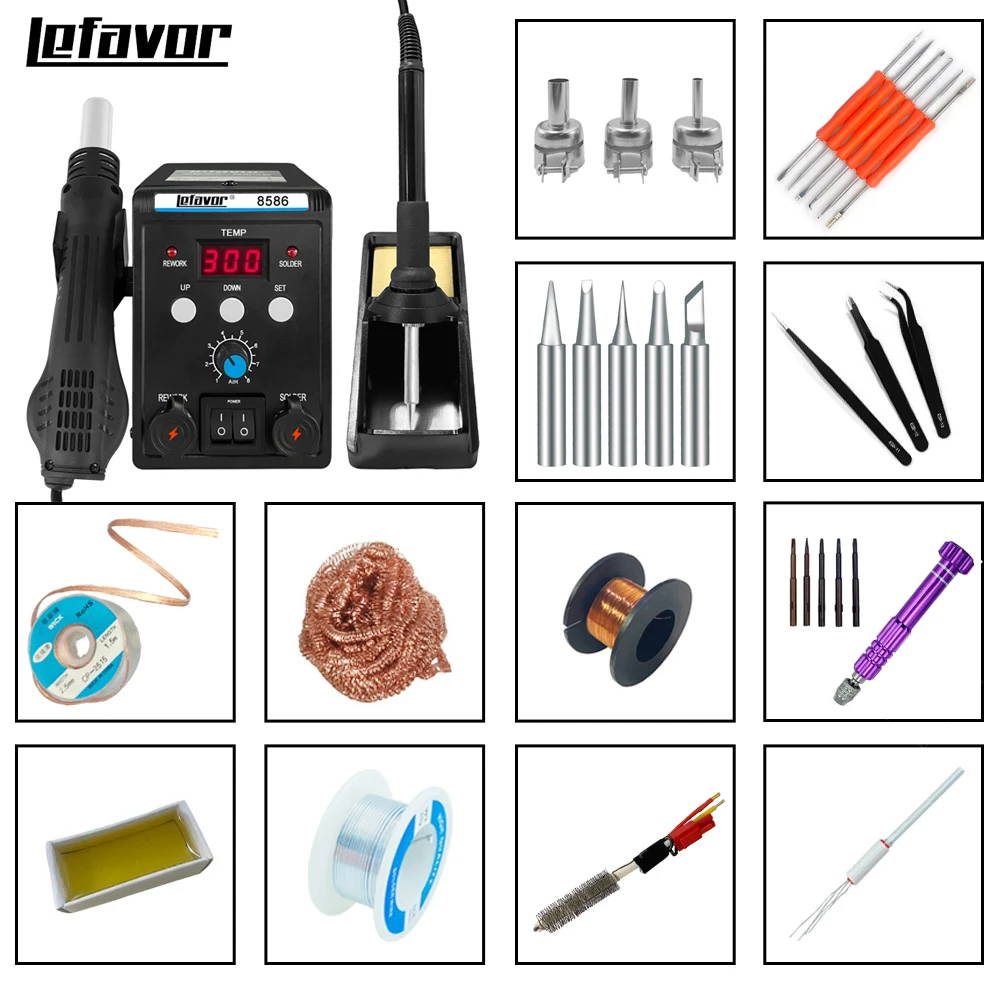 2 in 1 Digital Soldering Station Hot Air Gun Solder Iron SMD BGA Rework Desoldering Welding Repair Tools 8586 760W 220V 110V