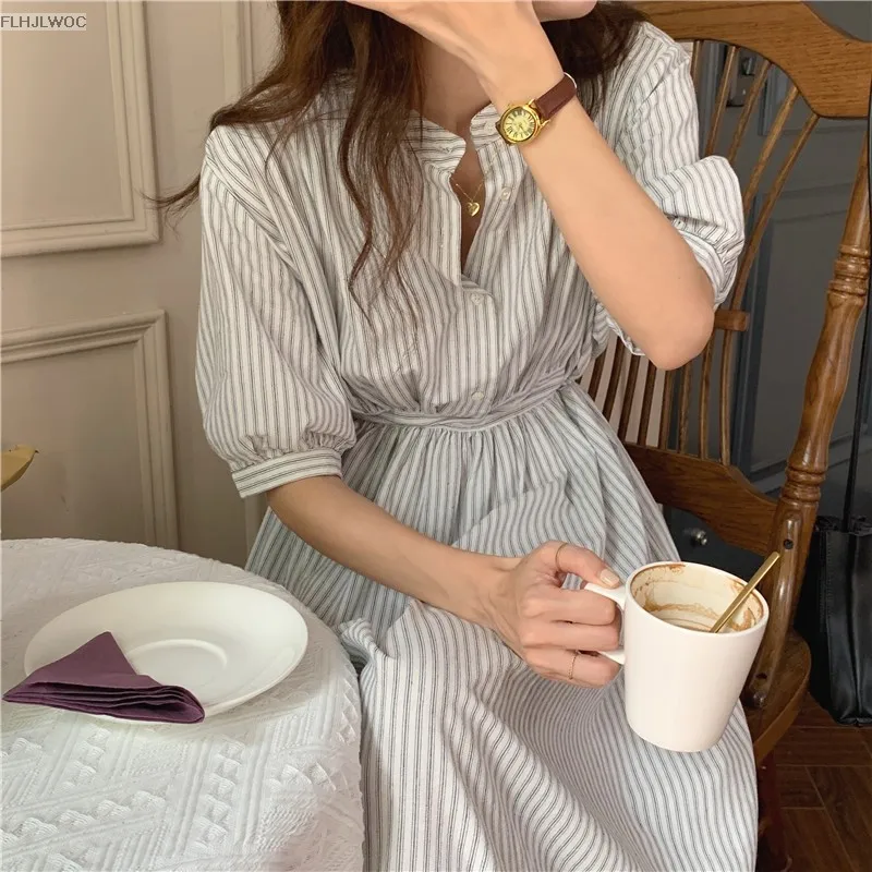 Chic Korea Feminine Vestidos Fashion Women Japan Korea Style Single Breasted Button Striped Long Shirt Dress