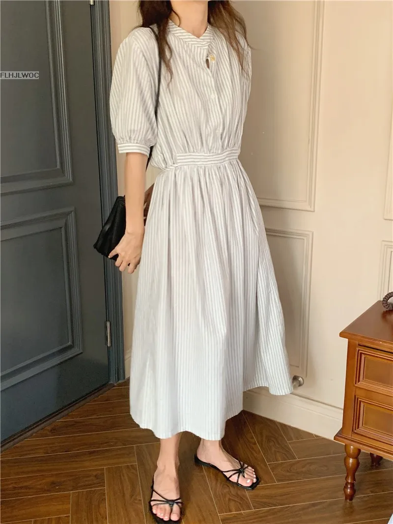 Chic Korea Feminine Vestidos Fashion Women Japan Korea Style Single Breasted Button Striped Long Shirt Dress