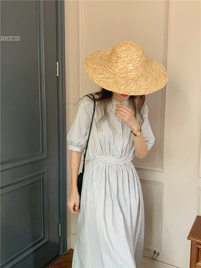Chic Korea Feminine Vestidos Fashion Women Japan Korea Style Single Breasted Button Striped Long Shirt Dress