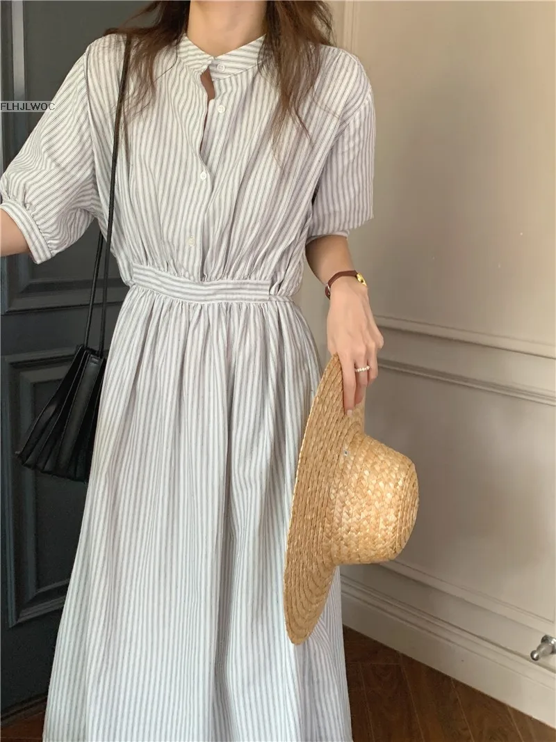 Chic Korea Feminine Vestidos Fashion Women Japan Korea Style Single Breasted Button Striped Long Shirt Dress