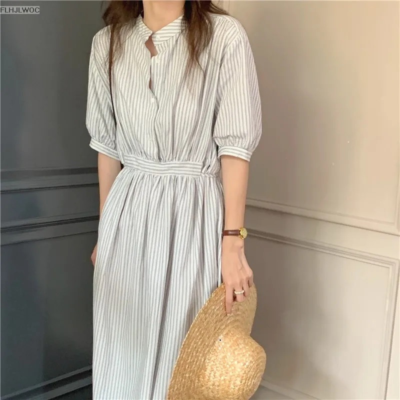 Chic Korea Feminine Vestidos Fashion Women Japan Korea Style Single Breasted Button Striped Long Shirt Dress