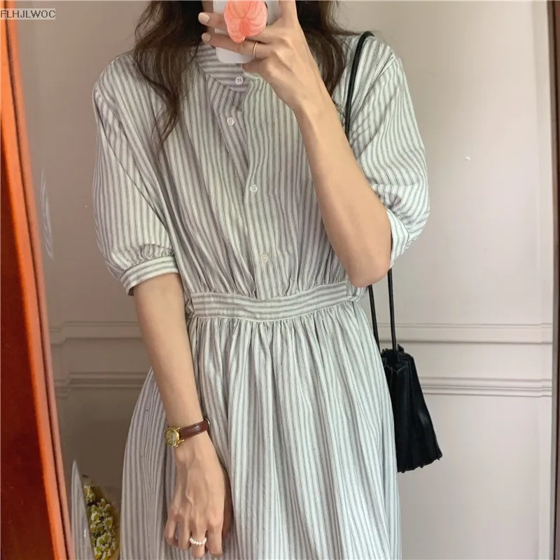 Chic Korea Feminine Vestidos Fashion Women Japan Korea Style Single Breasted Button Striped Long Shirt Dress