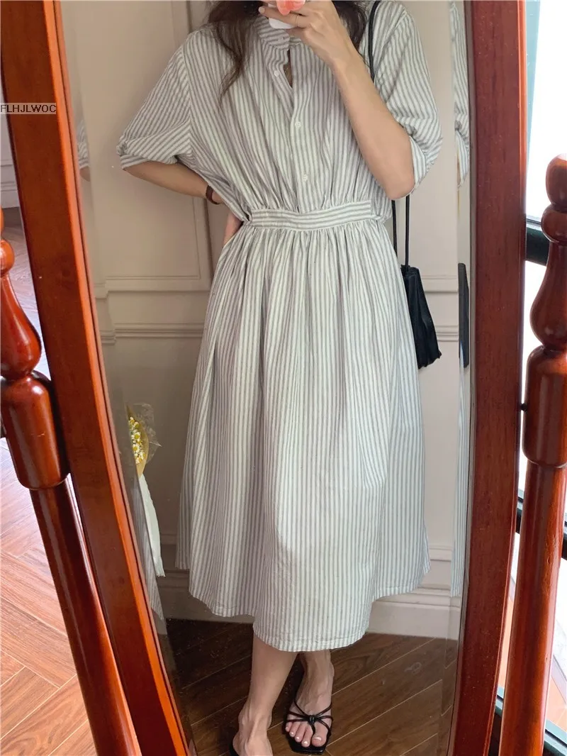 Chic Korea Feminine Vestidos Fashion Women Japan Korea Style Single Breasted Button Striped Long Shirt Dress