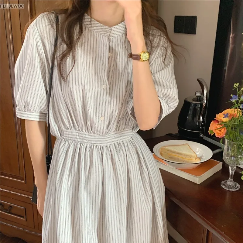 Chic Korea Feminine Vestidos Fashion Women Japan Korea Style Single Breasted Button Striped Long Shirt Dress