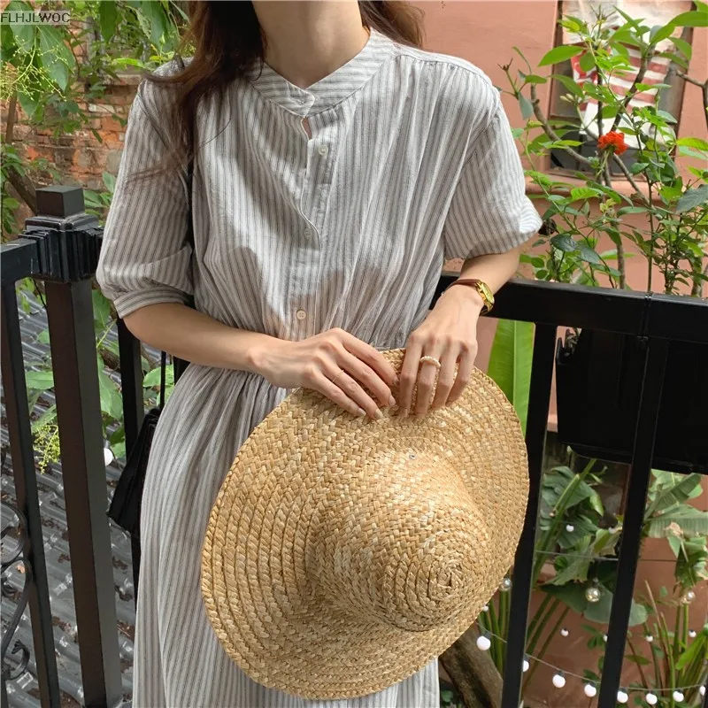 Chic Korea Feminine Vestidos Fashion Women Japan Korea Style Single Breasted Button Striped Long Shirt Dress