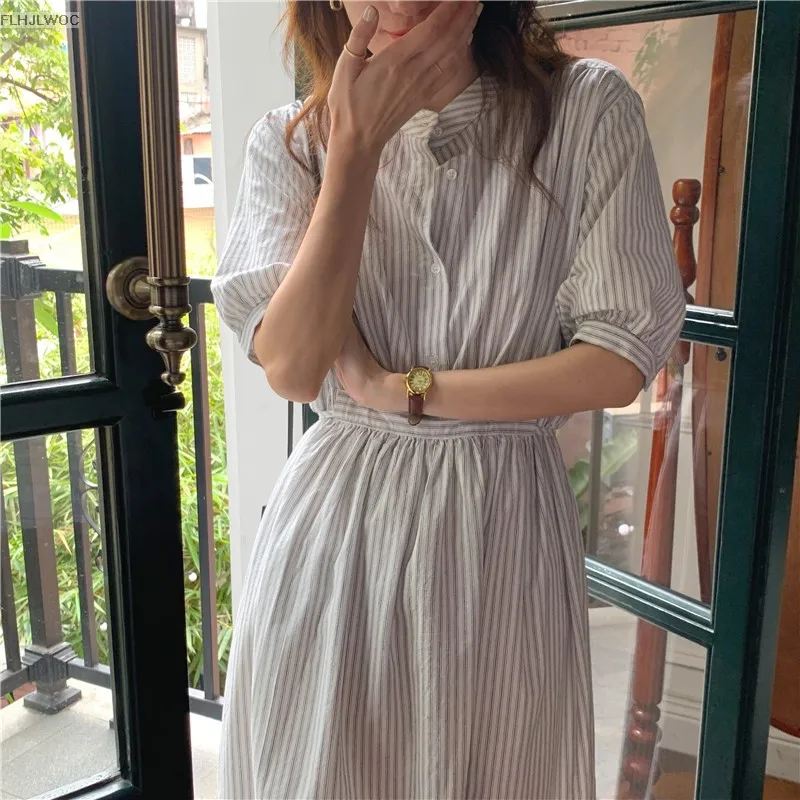 Chic Korea Feminine Vestidos Fashion Women Japan Korea Style Single Breasted Button Striped Long Shirt Dress